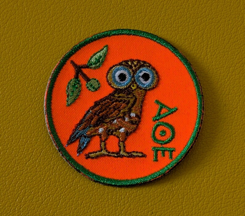 Unique Embroidered Owl Iron-on Patch Inspired by Ancient Greece