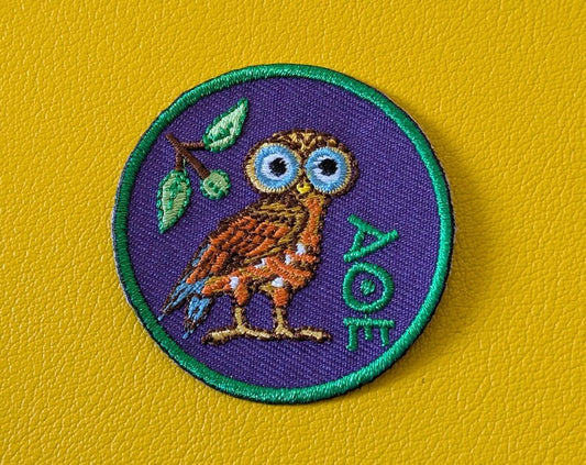 Unique Embroidered Owl Iron-on Patch Inspired by Ancient Greece