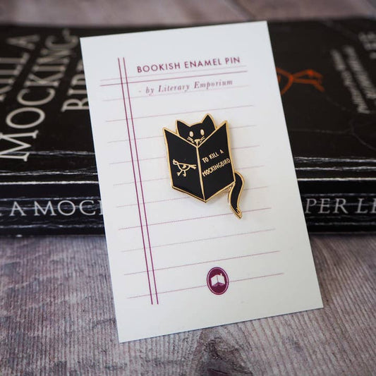 Reading Cat Mockingbird Book Lover Enamel Pin Badge - Black