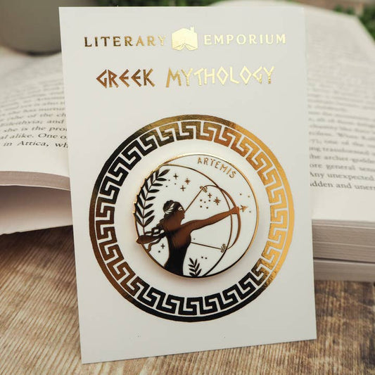 Artemis Enamel Gold Pin Badge - Greek Mythology Collection / Κονκάρδα Θεά Άρτεμης - Diavazo Greek Books