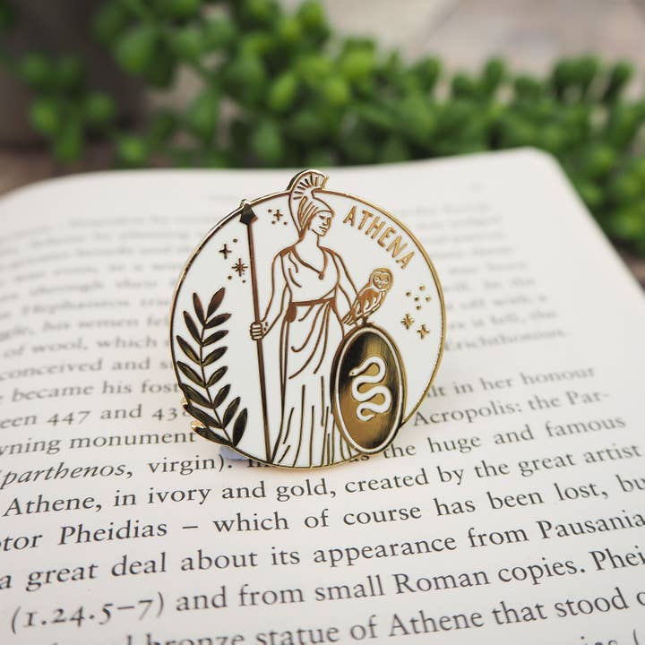 Athena Enamel Gold Pin Badge - Greek Mythology Collection / Κονκάρδα Θεά Αθηνά - Diavazo Greek Books