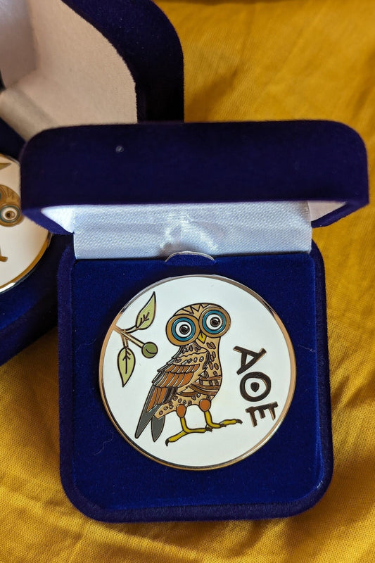 Unique Hard-Enamel Owl Pin, Inspired by Ancient Greece