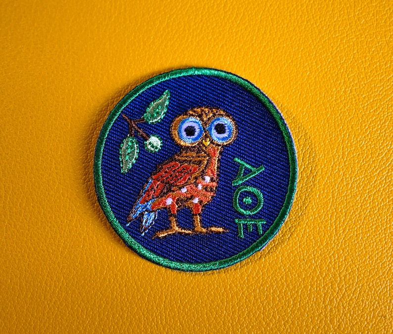 Unique Embroidered Owl Iron-on Patch Inspired by Ancient Greece