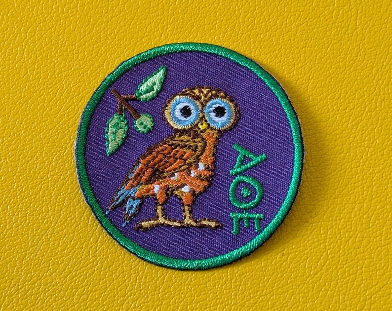 Unique Embroidered Owl Iron - on Patch Inspired by Ancient Greece - Diavazo Greek Books