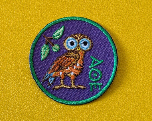 Unique Embroidered Owl Iron - on Patch Inspired by Ancient Greece - Diavazo Greek Books