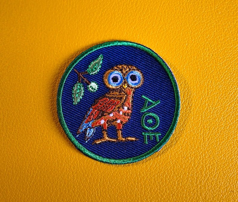 Unique Embroidered Owl Iron - on Patch Inspired by Ancient Greece - Diavazo Greek Books